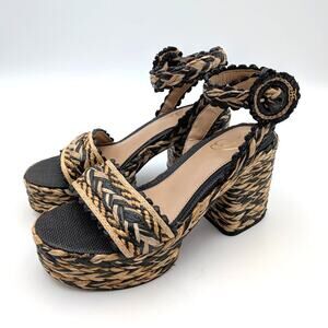 Sam Edelman Iliana Wedge Sandal Women's Black/Natural Raffia Size US7.5M EU38